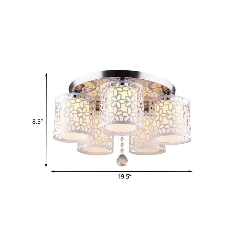 Iron Hollow-Out Cylinder Ceiling Flush Modernism 5-Head White Flush Mount with Cream Glass Shade Inside Clearhalo 'Ceiling Lights' 'Close To Ceiling Lights' 'Close to ceiling' 'Flush mount' Lighting' 898421