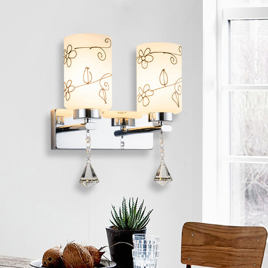 White Glass Cylinder Sconce Lamp Modern 2 Bulbs Wall Mount Lighting in Chrome with Flower Pattern Chrome Clearhalo 'Modern wall lights' 'Modern' 'Wall Lamps & Sconces' 'Wall Lights' Lighting' 898443