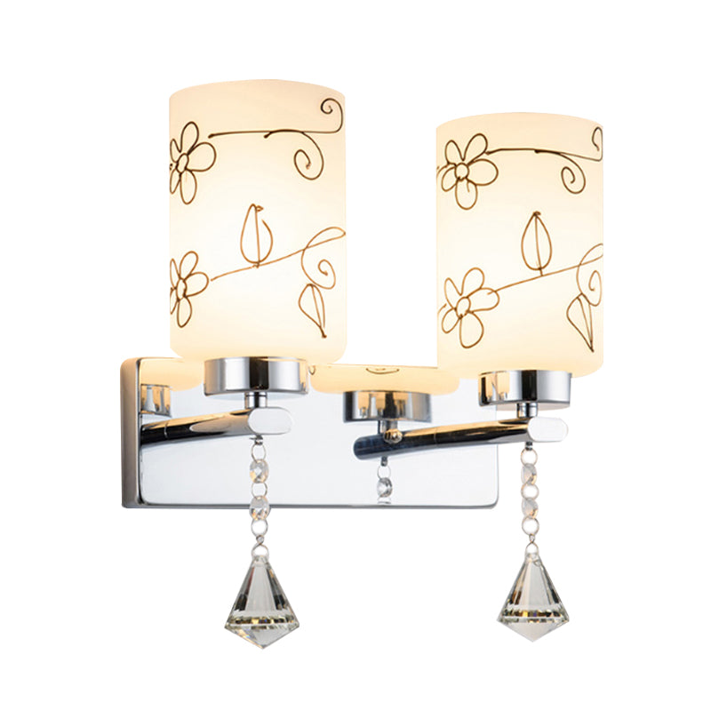 White Glass Cylinder Sconce Lamp Modern 2 Bulbs Wall Mount Lighting in Chrome with Flower Pattern Clearhalo 'Modern wall lights' 'Modern' 'Wall Lamps & Sconces' 'Wall Lights' Lighting' 898444