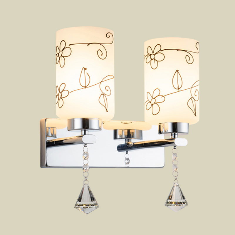 White Glass Cylinder Sconce Lamp Modern 2 Bulbs Wall Mount Lighting in Chrome with Flower Pattern Clearhalo 'Modern wall lights' 'Modern' 'Wall Lamps & Sconces' 'Wall Lights' Lighting' 898445