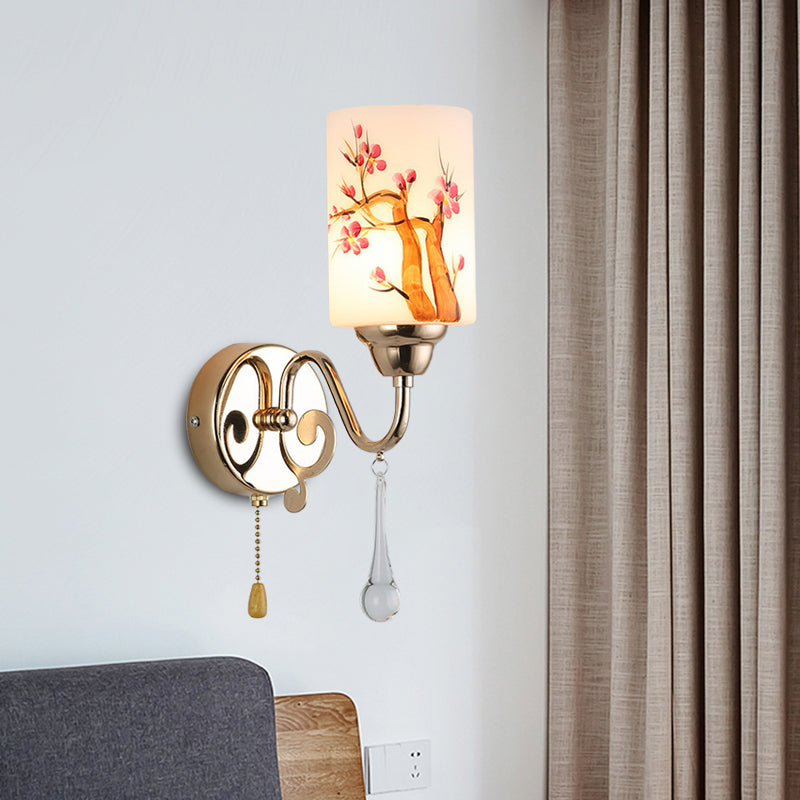 Gold Finish Cylindrical Wall Lighting Idea Contemporary 1/2-Head Painted Cream Glass Wall Lamp with Pull Chain 1.0 Gold Clearhalo 'Modern wall lights' 'Modern' 'Wall Lamps & Sconces' 'Wall Lights' Lighting' 898447