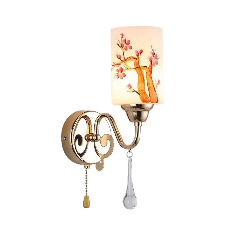 Gold Finish Cylindrical Wall Lighting Idea Contemporary 1/2-Head Painted Cream Glass Wall Lamp with Pull Chain Clearhalo 'Modern wall lights' 'Modern' 'Wall Lamps & Sconces' 'Wall Lights' Lighting' 898448