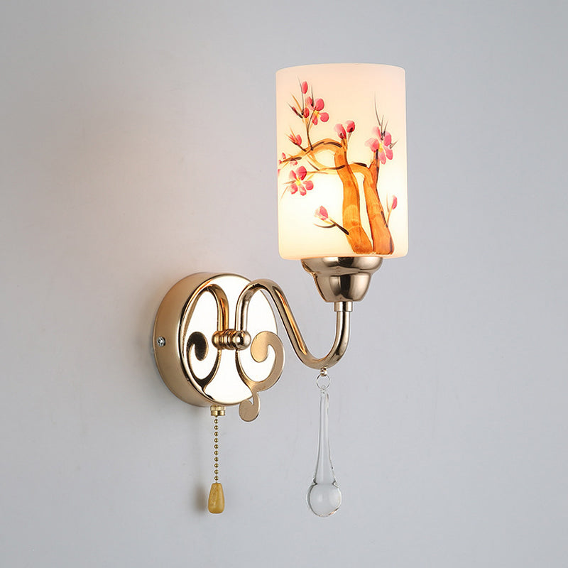 Gold Finish Cylindrical Wall Lighting Idea Contemporary 1/2-Head Painted Cream Glass Wall Lamp with Pull Chain Clearhalo 'Modern wall lights' 'Modern' 'Wall Lamps & Sconces' 'Wall Lights' Lighting' 898449