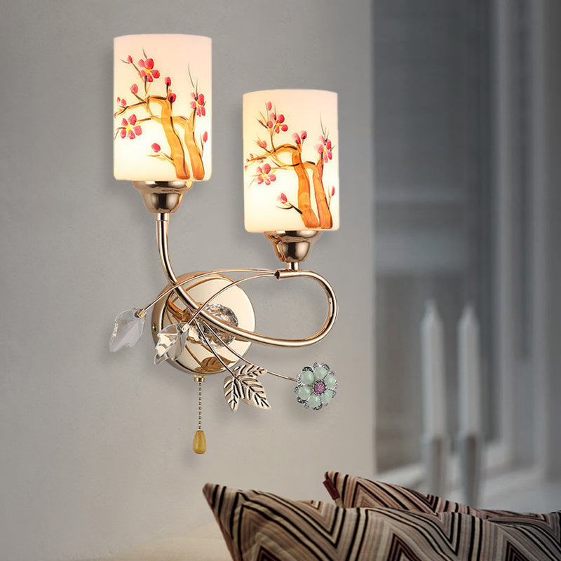 Gold Finish Cylindrical Wall Lighting Idea Contemporary 1/2-Head Painted Cream Glass Wall Lamp with Pull Chain 2.0 Gold Clearhalo 'Modern wall lights' 'Modern' 'Wall Lamps & Sconces' 'Wall Lights' Lighting' 898451