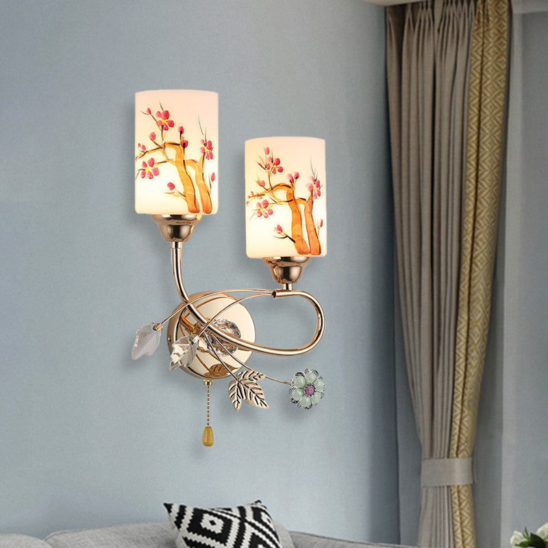 Gold Finish Cylindrical Wall Lighting Idea Contemporary 1/2-Head Painted Cream Glass Wall Lamp with Pull Chain Clearhalo 'Modern wall lights' 'Modern' 'Wall Lamps & Sconces' 'Wall Lights' Lighting' 898452