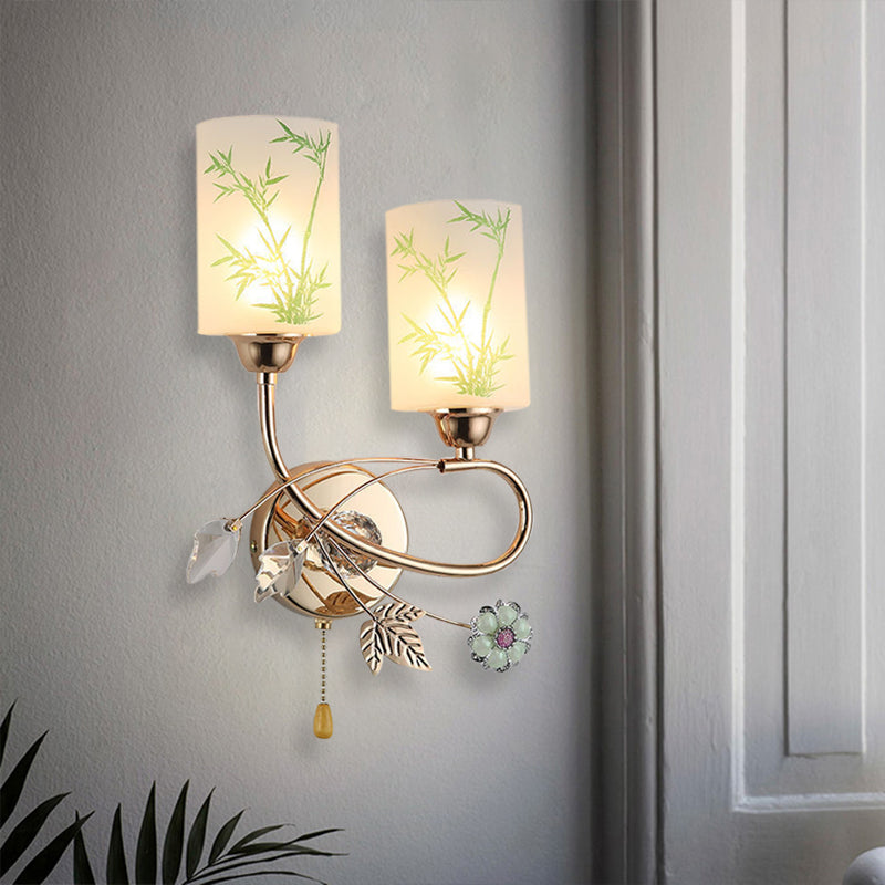 Painted Glass Cylinder Sconce Lighting Modernist 2 Lights Gold Pull Chain Wall Mounted Lamp Gold Clearhalo 'Modern wall lights' 'Modern' 'Wall Lamps & Sconces' 'Wall Lights' Lighting' 898456