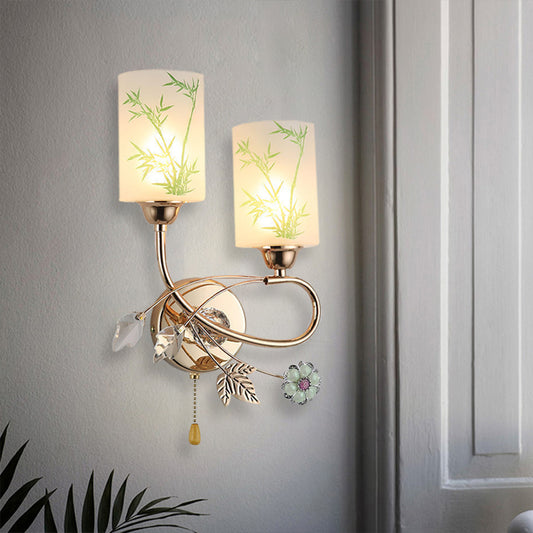 Painted Glass Cylinder Sconce Lighting Modernist 2 Lights Gold Pull Chain Wall Mounted Lamp Gold Clearhalo 'Modern wall lights' 'Modern' 'Wall Lamps & Sconces' 'Wall Lights' Lighting' 898456