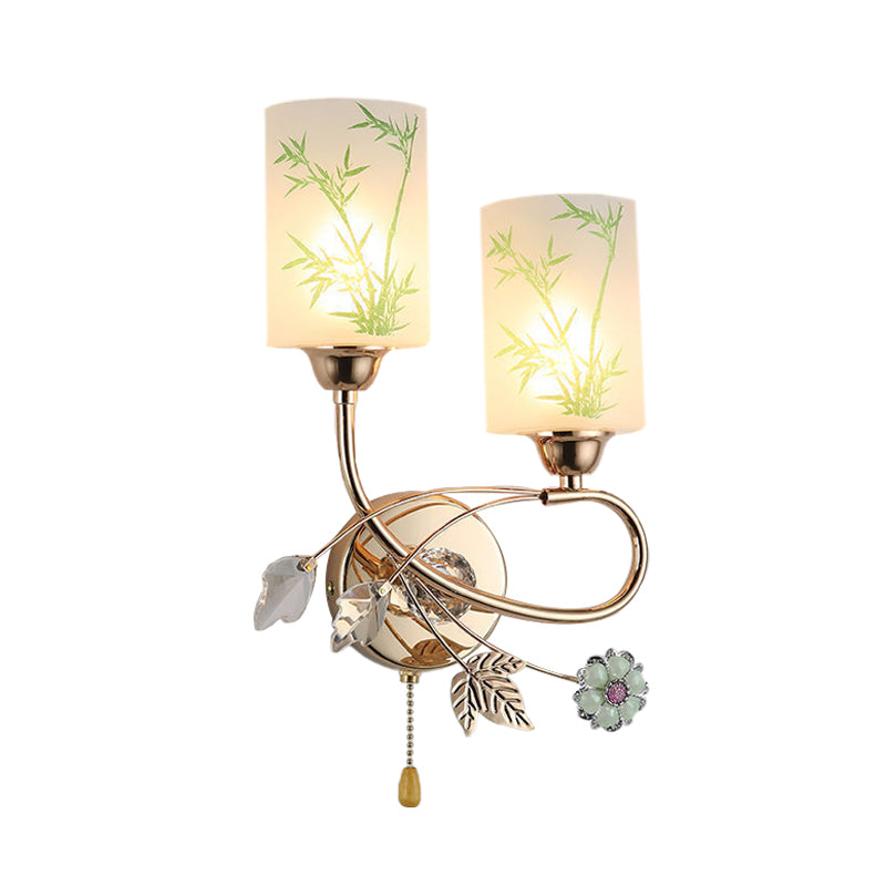 Painted Glass Cylinder Sconce Lighting Modernist 2 Lights Gold Pull Chain Wall Mounted Lamp Clearhalo 'Modern wall lights' 'Modern' 'Wall Lamps & Sconces' 'Wall Lights' Lighting' 898457