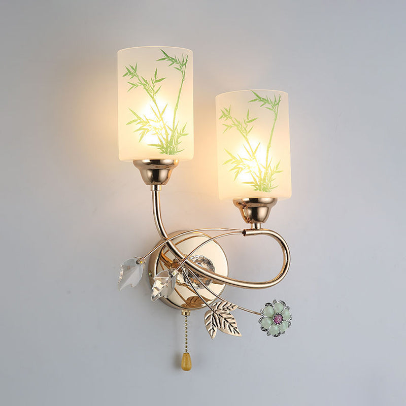 Painted Glass Cylinder Sconce Lighting Modernist 2 Lights Gold Pull Chain Wall Mounted Lamp Clearhalo 'Modern wall lights' 'Modern' 'Wall Lamps & Sconces' 'Wall Lights' Lighting' 898458