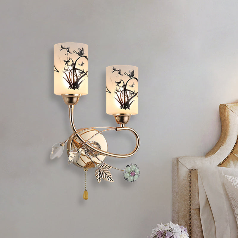 Modernism 2-Bulb Pull Chain Wall Lighting Idea with Painted Glass Shade Gold Cylinder Wall Lamp Clearhalo 'Cast Iron' 'Glass' 'Industrial' 'Modern wall lights' 'Modern' 'Tiffany' 'Traditional wall lights' 'Wall Lamps & Sconces' 'Wall Lights' Lighting' 898461