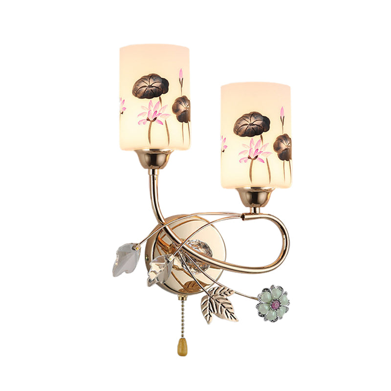 Cylinder Wall Lamp Modernism Lotus Painted Glass 2-Head Gold Finish Wall Light Sconce with Pull Chain Clearhalo 'Modern wall lights' 'Modern' 'Wall Lamps & Sconces' 'Wall Lights' Lighting' 898466