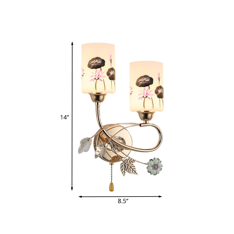 Cylinder Wall Lamp Modernism Lotus Painted Glass 2-Head Gold Finish Wall Light Sconce with Pull Chain Clearhalo 'Modern wall lights' 'Modern' 'Wall Lamps & Sconces' 'Wall Lights' Lighting' 898467