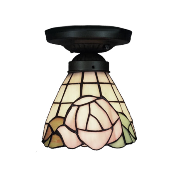 Rose Flush Ceiling Light Lodge Style Stained Glass 1 Light Flush Mount Lighting Clearhalo 'Ceiling Lights' 'Close To Ceiling Lights' 'Close to ceiling' 'Glass shade' 'Glass' 'Semi-flushmount' 'Tiffany close to ceiling' 'Tiffany' Lighting' 89847