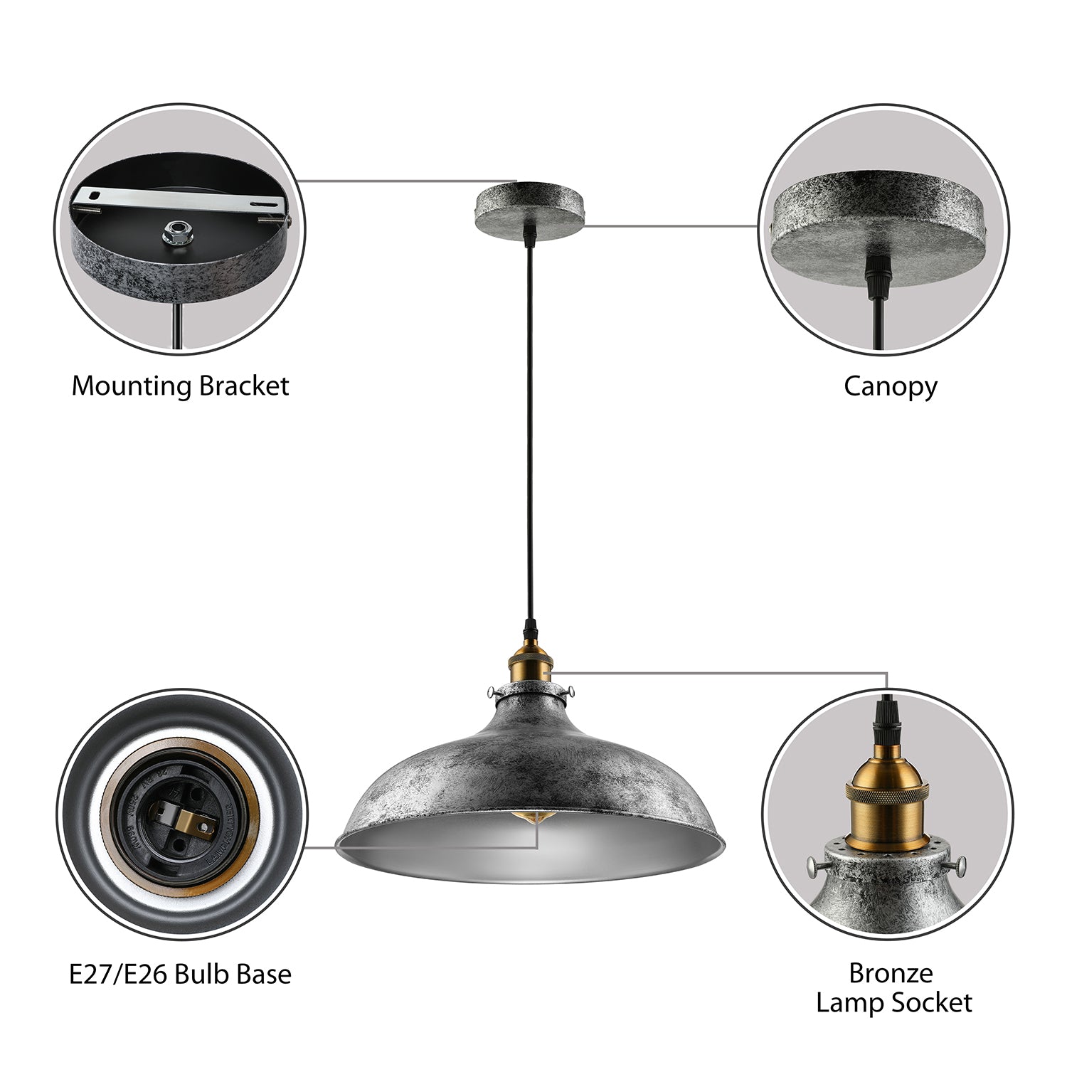 1 Light Dome Ceiling Light Antique Stylish Silver Gray Iron Hanging Ceiling Light with Cord for Living Room Clearhalo 'Art Deco Pendants' 'Cast Iron' 'Ceiling Lights' 'Ceramic' 'Crystal' 'Industrial Pendants' 'Industrial' 'Metal' 'Middle Century Pendants' 'Pendant Lights' 'Pendants' 'Tiffany' Lighting' 89867