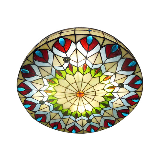 Stained Glass Ceiling Light Fixture Tiffany Style 3-Light Drum Flush Mount Light Fixture with Peacock and Jewel Red-Blue Clearhalo 'Ceiling Lights' 'Close To Ceiling Lights' 'Close to ceiling' 'Flush mount' Lighting' 89886