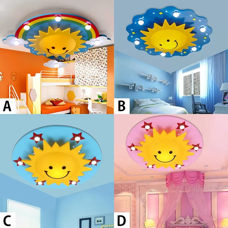 Cartoon Smiling Sun Flush Ceiling Light Wood Ceiling Mount Light in Yellow for Game Room Clearhalo 'Ceiling Lights' 'Close To Ceiling Lights' 'Close to ceiling' 'Flush mount' Lighting' 89998