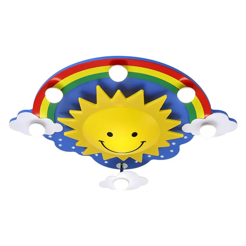 Cartoon Smiling Sun Flush Ceiling Light Wood Ceiling Mount Light in Yellow for Game Room Red-Yellow A Clearhalo 'Ceiling Lights' 'Close To Ceiling Lights' 'Close to ceiling' 'Flush mount' Lighting' 89999