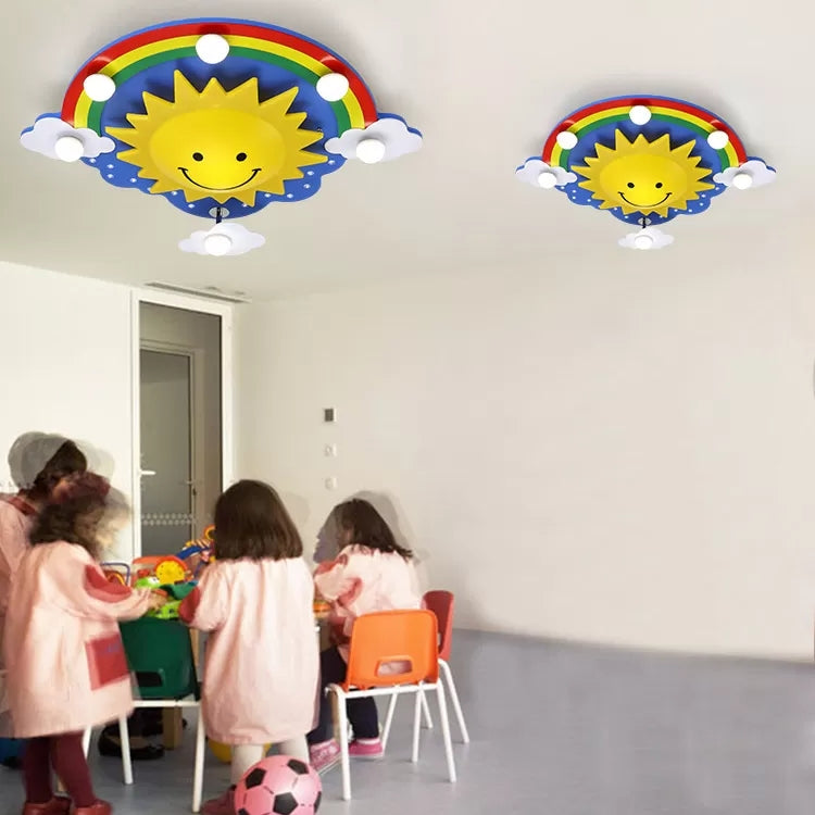 Cartoon Smiling Sun Flush Ceiling Light Wood Ceiling Mount Light in Yellow for Game Room Clearhalo 'Ceiling Lights' 'Close To Ceiling Lights' 'Close to ceiling' 'Flush mount' Lighting' 90000