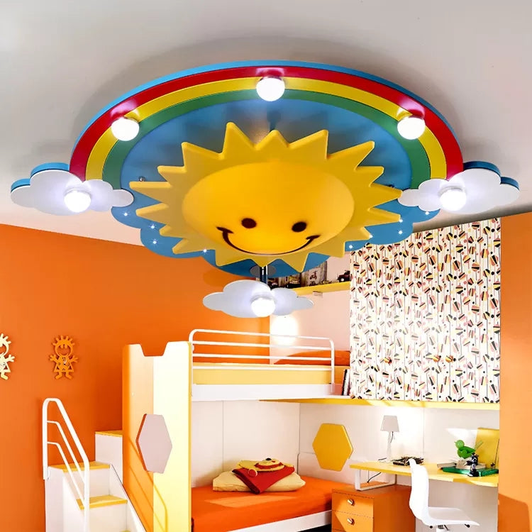 Cartoon Smiling Sun Flush Ceiling Light Wood Ceiling Mount Light in Yellow for Game Room Clearhalo 'Ceiling Lights' 'Close To Ceiling Lights' 'Close to ceiling' 'Flush mount' Lighting' 90001