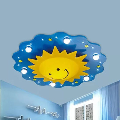 Cartoon Smiling Sun Flush Ceiling Light Wood Ceiling Mount Light in Yellow for Game Room Dark Blue B Clearhalo 'Ceiling Lights' 'Close To Ceiling Lights' 'Close to ceiling' 'Flush mount' Lighting' 90003