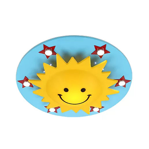 Cartoon Smiling Sun Flush Ceiling Light Wood Ceiling Mount Light in Yellow for Game Room Blue C Clearhalo 'Ceiling Lights' 'Close To Ceiling Lights' 'Close to ceiling' 'Flush mount' Lighting' 90004