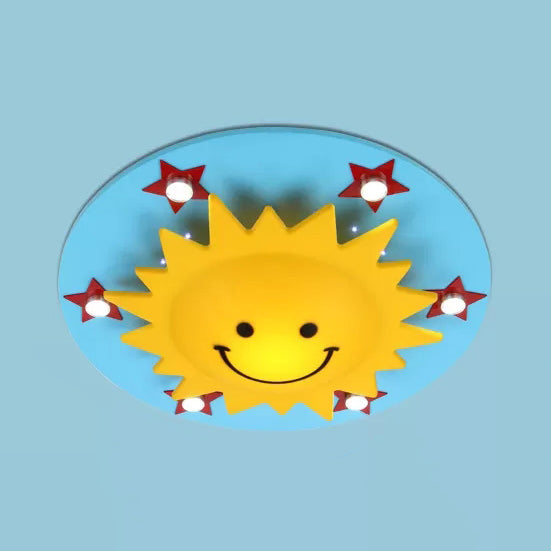 Cartoon Smiling Sun Flush Ceiling Light Wood Ceiling Mount Light in Yellow for Game Room Clearhalo 'Ceiling Lights' 'Close To Ceiling Lights' 'Close to ceiling' 'Flush mount' Lighting' 90005