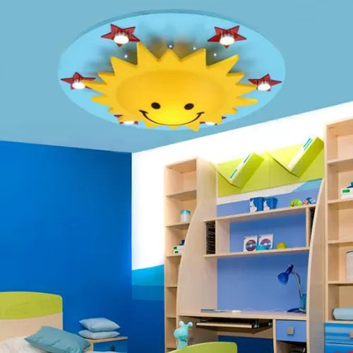 Cartoon Smiling Sun Flush Ceiling Light Wood Ceiling Mount Light in Yellow for Game Room Clearhalo 'Ceiling Lights' 'Close To Ceiling Lights' 'Close to ceiling' 'Flush mount' Lighting' 90006