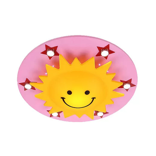 Cartoon Smiling Sun Flush Ceiling Light Wood Ceiling Mount Light in Yellow for Game Room Pink D Clearhalo 'Ceiling Lights' 'Close To Ceiling Lights' 'Close to ceiling' 'Flush mount' Lighting' 90008