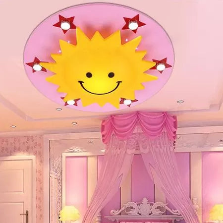 Cartoon Smiling Sun Flush Ceiling Light Wood Ceiling Mount Light in Yellow for Game Room Clearhalo 'Ceiling Lights' 'Close To Ceiling Lights' 'Close to ceiling' 'Flush mount' Lighting' 90009