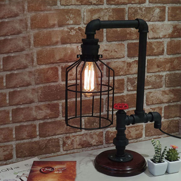 Industrial Birdcage Standing Table Light with Pipe and Valve 1 Light Metal Table Lamp in Black Clearhalo 'Lamps' 'Table Lamps' Lighting' 90051