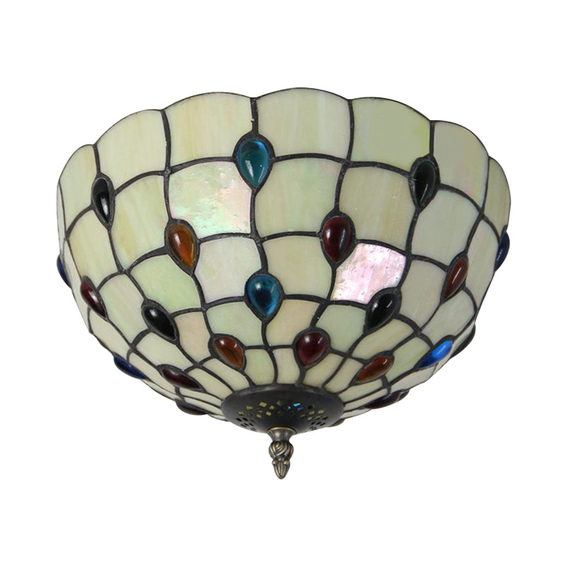 Bedroom Ceiling Lights Tiffany 1-Light Beige Flush Mount Light with Colorful Jewel and Floral Shade Clearhalo 'Ceiling Lights' 'Close To Ceiling Lights' 'Close to ceiling' 'Flush mount' Lighting' 90233