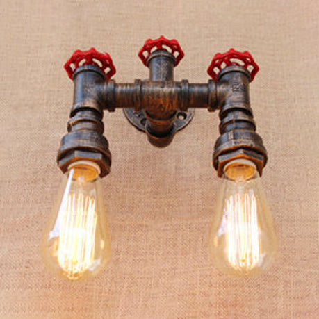 Loft Industrial Pipe Wall Lighting Fixture with Valve Wheel 2 Lights Wrought Iron Sconce Light in Antique Bronze Antique Bronze Clearhalo 'Art deco wall lights' 'Cast Iron' 'Glass' 'Industrial wall lights' 'Industrial' 'Middle century wall lights' 'Modern' 'Rustic wall lights' 'Tiffany' 'Traditional wall lights' 'Wall Lamps & Sconces' 'Wall Lights' Lighting' 90259