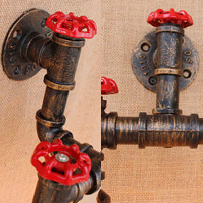 Loft Industrial Pipe Wall Lighting Fixture with Valve Wheel 2 Lights Wrought Iron Sconce Light in Antique Bronze Clearhalo 'Art deco wall lights' 'Cast Iron' 'Glass' 'Industrial wall lights' 'Industrial' 'Middle century wall lights' 'Modern' 'Rustic wall lights' 'Tiffany' 'Traditional wall lights' 'Wall Lamps & Sconces' 'Wall Lights' Lighting' 90261