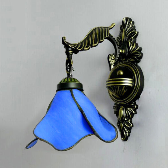 Tiffany Petal Sconce Light Fixture 1 Head Ivory/Pink/Light Blue Wall Mounted Light for Bedroom Dark Blue Clearhalo 'Industrial' 'Middle century wall lights' 'Tiffany wall lights' 'Tiffany' 'Wall Lamps & Sconces' 'Wall Lights' Lighting' 90289