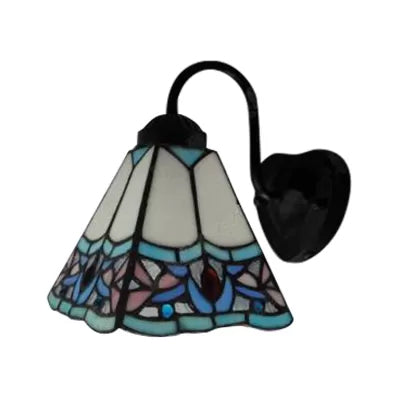 Stained Glass Flower Wall Light Fixture Tiffany 1 Head White/Black/Sky Blue Sconce Light for Living Room Clearhalo 'Industrial' 'Middle century wall lights' 'Tiffany wall lights' 'Tiffany' 'Wall Lamps & Sconces' 'Wall Lights' Lighting' 90488