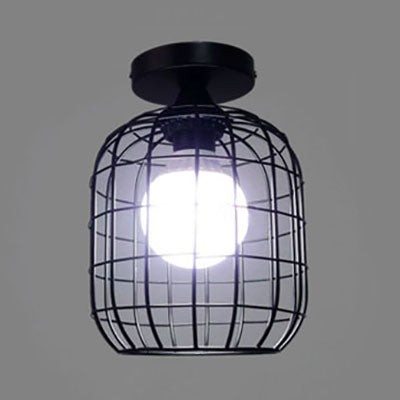 Lantern Cage Metal Shade Semi-Flush Mount Light Farmhouse 1 Light Bedroom Ceiling Mounted Fixture in Black Black Clearhalo 'Ceiling Lights' 'Close To Ceiling Lights' 'Close to ceiling' 'Semi-flushmount' Lighting' 90635