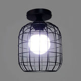 Lantern Cage Metal Shade Semi-Flush Mount Light Farmhouse 1 Light Bedroom Ceiling Mounted Fixture in Black Black Clearhalo 'Ceiling Lights' 'Close To Ceiling Lights' 'Close to ceiling' 'Semi-flushmount' Lighting' 90635