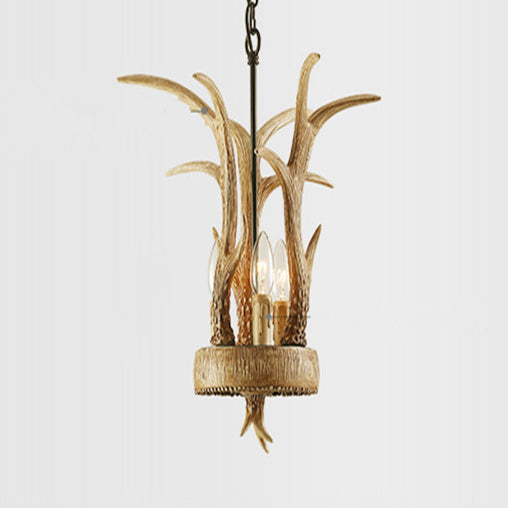 Antler Horn Chandelier Light Lodge Style 3 Lights Resin Pendant Lighting in Wood Clearhalo 'Ceiling Lights' 'Chandeliers' Lighting' options 90763