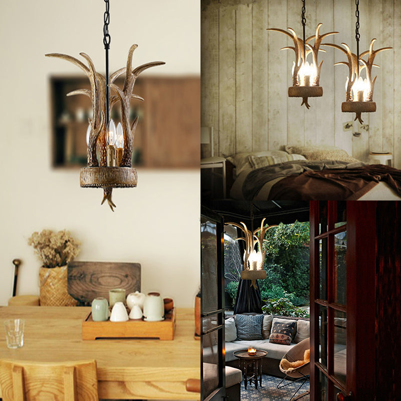 Antler Horn Chandelier Light Lodge Style 3 Lights Resin Pendant Lighting in Wood Clearhalo 'Ceiling Lights' 'Chandeliers' Lighting' options 90765