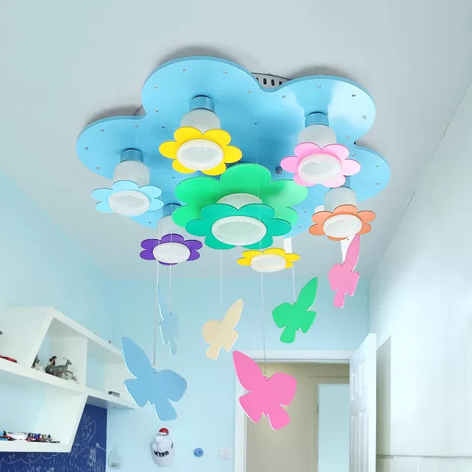 Blue Blossom Ceiling Mount Light with Hanging Butterfly 7 Heads Wood Ceiling Lamp for Child Bedroom Clearhalo 'Ceiling Lights' 'Close To Ceiling Lights' 'Close to ceiling' 'Flush mount' Lighting' 90852