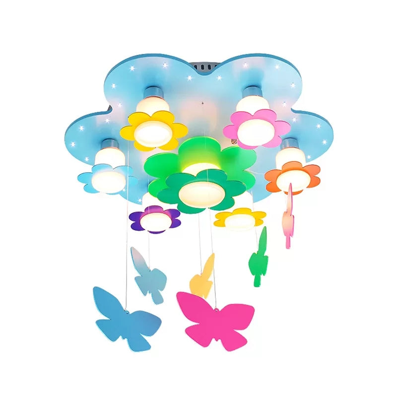 Blue Blossom Ceiling Mount Light with Hanging Butterfly 7 Heads Wood Ceiling Lamp for Child Bedroom Clearhalo 'Ceiling Lights' 'Close To Ceiling Lights' 'Close to ceiling' 'Flush mount' Lighting' 90853