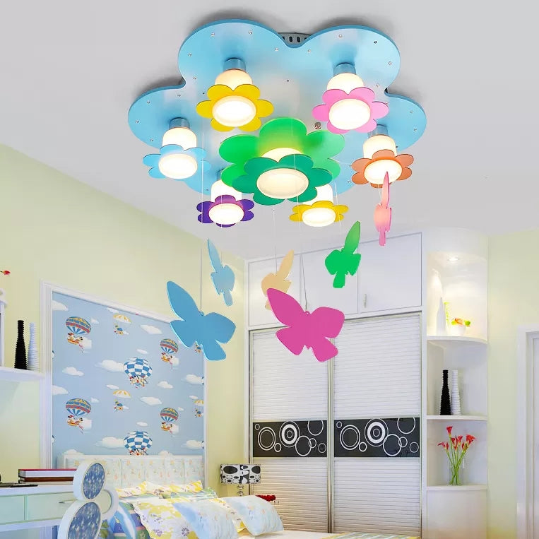 Blue Blossom Ceiling Mount Light with Hanging Butterfly 7 Heads Wood Ceiling Lamp for Child Bedroom Clearhalo 'Ceiling Lights' 'Close To Ceiling Lights' 'Close to ceiling' 'Flush mount' Lighting' 90855