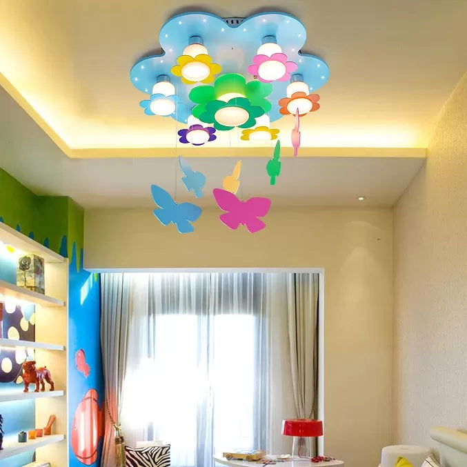 Blue Blossom Ceiling Mount Light with Hanging Butterfly 7 Heads Wood Ceiling Lamp for Child Bedroom Clearhalo 'Ceiling Lights' 'Close To Ceiling Lights' 'Close to ceiling' 'Flush mount' Lighting' 90856