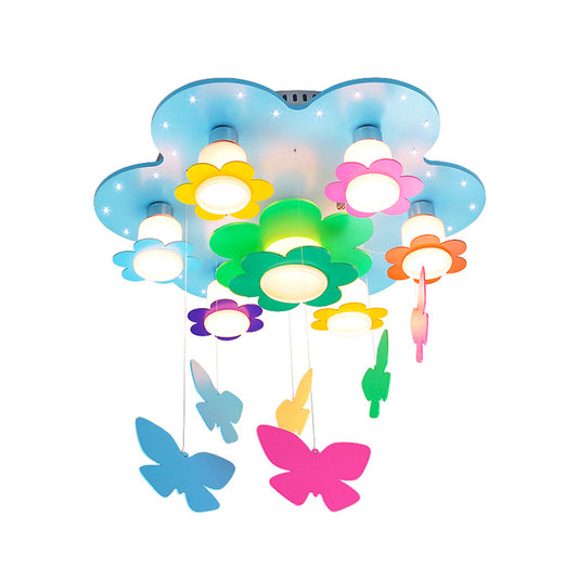 Blue Blossom Ceiling Mount Light with Hanging Butterfly 7 Heads Wood Ceiling Lamp for Child Bedroom Blue Clearhalo 'Ceiling Lights' 'Close To Ceiling Lights' 'Close to ceiling' 'Flush mount' Lighting' 90858