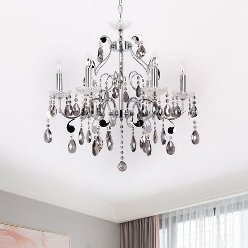 6 Lights Candle-Style Hanging Chandelier with Swirled Arm Smoke Grey Crystal Contemporary Dining Room Suspension Lamp Smoke Gray Clearhalo 'Ceiling Lights' 'Chandeliers' 'Modern Chandeliers' 'Modern' Lighting' 915747
