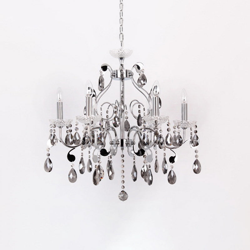 6 Lights Candle-Style Hanging Chandelier with Swirled Arm Smoke Grey Crystal Contemporary Dining Room Suspension Lamp Clearhalo 'Ceiling Lights' 'Chandeliers' 'Modern Chandeliers' 'Modern' Lighting' 915749