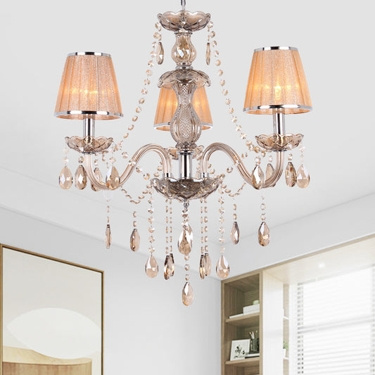 3-Head Ceiling Chandelier Modernism Umber Crystal Droplet Pendant Light Kit with Pleated Fabric Shade in Gold Gold Clearhalo 'Ceiling Lights' 'Chandeliers' 'Modern Chandeliers' 'Modern' Lighting' 915759