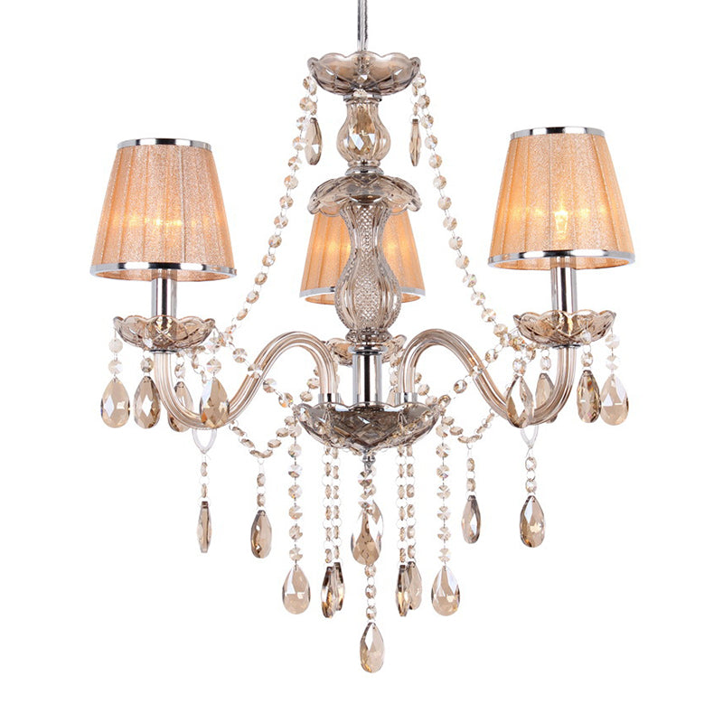 3-Head Ceiling Chandelier Modernism Umber Crystal Droplet Pendant Light Kit with Pleated Fabric Shade in Gold Clearhalo 'Ceiling Lights' 'Chandeliers' 'Modern Chandeliers' 'Modern' Lighting' 915761