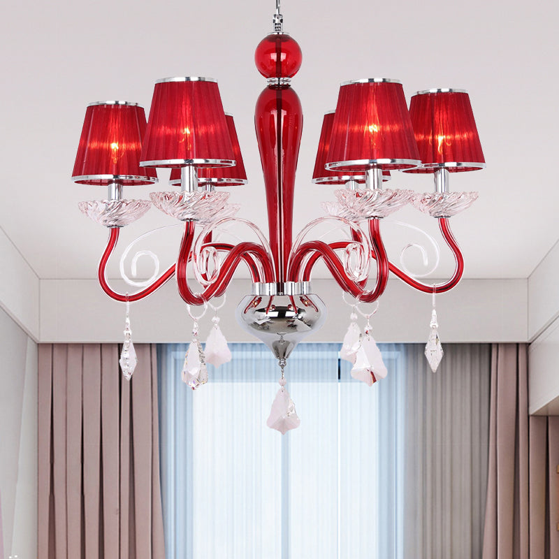 6 Heads Chandelier Light Fixture with Conical Fabric Shade Crystal Minimalist Dining Room Pendant Lighting Red Clearhalo 'Ceiling Lights' 'Chandeliers' 'Modern Chandeliers' 'Modern' Lighting' 915775