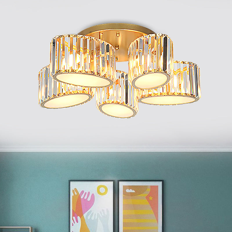 Post Modern Oval/Teardrop Semi Flush Lamp 5-Light Carved Crystal Ceiling Mounted Fixture in Gold Gold Oval Clearhalo 'Ceiling Lights' 'Close To Ceiling Lights' 'Close to ceiling' 'Semi-flushmount' Lighting' 915807